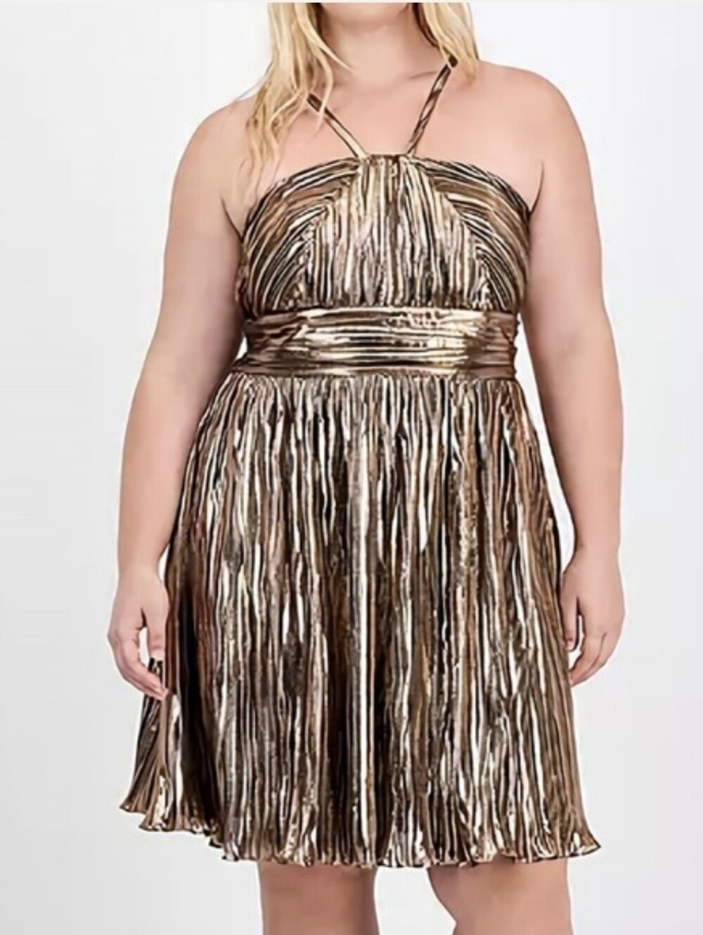 NWT City Studios Metallic Rose Gold Halter Pleated Cocktail Dress 16W P Short